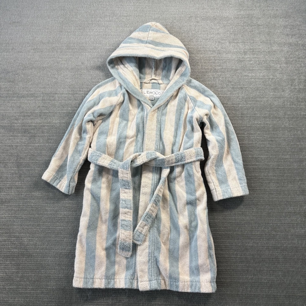 Liewood Towelling Bath Robe Blue Striped‎ Summer Swim Belt Hooded Beach Kids 5/6